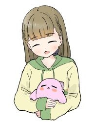 1girl :3 :d ^_^ animal animalization anyoji_hime black_bow blush_stickers bow braid brown_hair center-flap_bangs closed_eyes closed_mouth hair_bow highres holding holding_animal hood hoodie kachimachi_kosuzu kachimachi_kosuzu_(summer_loungewear) link!_like!_love_live! long_hair long_sleeves love_live! open_mouth seal_(animal) side_braids simple_background sleeves_past_wrists smile tazaki_masanobu virtual_youtuber white_background yellow_hoodie