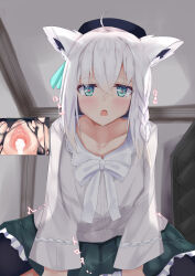 Rule 34 | 1boy, 1girl, ahoge, black hat, blush, bookshelf, bow, bowtie, braid, ceiling, censored, clitoris, collarbone, commentary request, cowgirl position, cum, cum in pussy, cumdrip, from below, green skirt, hair between eyes, hair ribbon, happy sex, hat, heart, heart-shaped pupils, hetero, highres, hololive, indoors, long sleeves, mosaic censoring, open mouth, out of frame, paid reward available, pantyhose, pov, pussy, ribbon, sex, shirakami fubuki, shirt, skirt, straddling, symbol-shaped pupils, tikuwazyousyou, torn clothes, torn pantyhose, twitching, urethra, vaginal, virtual youtuber, white hair, white shirt
