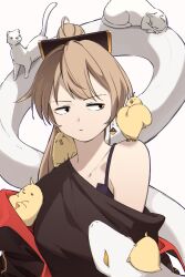 1girl absurdres alternate_costume animal animal_on_shoulder azur_lane baby_animal bare_shoulders bird black_bra black_eyes black_shirt bra brown_hair cat chick closed_mouth collarbone earrings hatski.sin high_ponytail highres jacket jean_bart_(azur_lane) jewelry long_hair looking_to_the_side manjuu_(azur_lane) off_shoulder official_alternate_costume ponytail shirt simple_background snake solo underwear upper_body white_background