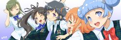 Rule 34 | 5girls, adjusting hair, aria (senran kagura), blue bow, blue bowtie, blue eyes, blue hair, blunt bangs, blush, bow, bowtie, breasts, chiyo (senran kagura), closed mouth, commentary, double bun, fuga (senran kagura), green eyes, green hair, haganemaru kennosuke, hair bun, hair ribbon, half-closed eyes, jumping, kanon (senran kagura), kosuzu (senran kagura), large breasts, long hair, looking at viewer, medium hair, multiple girls, musical note, musical note-shaped pupils, musical note print, one eye closed, open mouth, orange hair, plaid clothes, plaid vest, ponytail, purple eyes, red bow, red bowtie, ribbon, school uniform, senran kagura, senran kagura new wave, shirt, short sleeves, shuriken, shuriken hair ornament, signature, simple background, smile, symbol-shaped pupils, teeth, upper teeth only, vest, weapon, white shirt