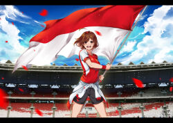 1girl :d absurdres ahoge artist_name black_shorts blue_sky brown_eyes brown_hair clothes_around_waist cloud commentary day english_commentary flag highres holding holding_flag holding_pole indonesia indonesian_flag jacket jacket_around_waist letterboxed lulu-chan92 open_mouth original outdoors pole raglan_sleeves red_shirt shirt short_hair shorts sky smile solo stadium standing teeth thighs tongue watermark white_jacket