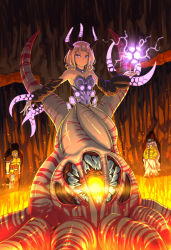 Rule 34 | 1boy, 2girls, armor, baseball cap, breasts, character request, choker, commentary, eldritch abomination, embers, english commentary, fire, glowing horns, glowing mouth, gun, hair over eyes, hands in pockets, hat, highres, horns, long hair, looking at another, looking at viewer, medium breasts, medium hair, monster girl, multiple girls, orb, purple eyes, quake (series), quake 1, ranger (quake), shub-niggurath (quake), substance20, teeth, tentacles, very long hair, weapon, white hair