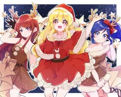 3girls :d aikatsu! aikatsu!_(series) animal_costume animal_ears arm_up bare_shoulders black_background blonde_hair blue_eyes blue_hair blush border bow bowtie breasts brown_bow brown_dress capelet christmas christmas_star closed_mouth collarbone commentary_request deer_ears double-parted_bangs dress dress_bow fake_animal_ears fake_antlers feet_out_of_frame fur-trimmed_capelet fur-trimmed_dress fur-trimmed_headwear fur_trim hair_bow half-closed_eyes hat highres hoshimiya_ichigo kam_tuki kiriya_aoi long_hair looking_at_viewer medium_breasts multiple_girls off-shoulder_dress off_shoulder open_mouth orange_eyes outline outside_border parted_bangs pink_ribbon red_bow red_bowtie red_capelet red_dress red_hair red_hat reindeer_costume ribbon santa_costume santa_hat seductive_smile shibuki_ran short_dress side_ponytail sidelocks smile soleil_(aikatsu!) split_mouth star_(symbol) strapless strapless_dress white_border white_outline