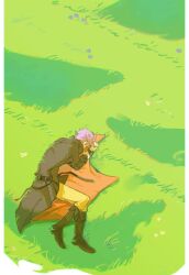 Rule 34 | 1boy, absurdres, belt, black belt, black boots, black coat, boots, chinese commentary, chromatic aberration, closed eyes, coat, commentary request, earrings, flower, full body, grass, highres, jewelry, knee boots, long sleeves, male focus, no gloves, npcccc, on grass, outdoors, pants, pink hair, purple flower, saibou shinkyoku, short hair, solo, theodore riddle, yellow pants