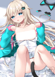 1girl animal_ear_headphones animal_ears bar_censor blonde_hair blue_eyes blue_jacket blush cat_hair_ornament censored clothes_lift clothes_pull collarbone commentary_request dress dress_lift dress_pull fake_animal_ears feet_out_of_frame hair_between_eyes hair_ornament hands_up headphones headphones_removed indie_virtual_youtuber jacket knees_up long_hair long_sleeves lying off_shoulder on_back open_clothes open_jacket open_mouth puffy_long_sleeves puffy_sleeves sleeves_past_wrists solo sweat tail_censor uchuuneko uchuuneko_(vtuber) very_long_hair virtual_youtuber white_dress