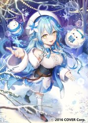 1girl :d ahoge bare_tree belt beret black_corset blue_bow blue_bowtie blue_coat blue_hair blue_nails blue_skirt boots bow bowtie braid breasts brown_belt brown_boots center_frills cleavage_cutout clothing_cutout coat commentary_request copyright_notice corset crossed_bangs daifuku_(yukihana_lamy) double-parted_bangs flower frilled_shirt frilled_skirt frilled_thighhighs frills full_body fur-trimmed_boots fur-trimmed_coat fur_trim gari_(apollonica) hair_between_eyes hair_flower hair_ornament half_up_braid hand_up hat heart heart_ahoge high_heel_boots high_heels hololive large_breasts leather_belt long_hair looking_at_viewer miniskirt multicolored_hair nail_polish off_shoulder official_art open_mouth outdoors plaid_bow plaid_bowtie plaid_clothes pleated_skirt pointy_ears shirt skirt sleeveless sleeveless_shirt smile snow snowflake_print solo streaked_hair teeth thighhighs tree underbust upper_teeth_only very_long_hair virtual_youtuber white_hat white_shirt white_thighhighs yellow_eyes yukihana_lamy yukihana_lamy_(1st_costume) yukimin_(yukihana_lamy)