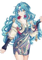 Rule 34 | 1girl, absurdres, black gloves, blue hair, breasts, cleavage, cowboy shot, cynthia (uuzz5324), fang, fang out, fingerless gloves, gloves, hand up, highres, hissabeth, long hair, looking at viewer, reverse:1999, simple background, small breasts, smile, snake, snake wrapped around neck, solo, very long hair, wavy hair, white background, yellow eyes