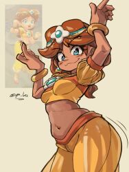 blue_eyes bracelet brown_hair crop_top dancing dark-skinned_female dark_skin earrings gold_bracelet harem_pants highres jewelry laz_gm mario_(series) mario_kart mario_kart_world navel nintendo pants princess_daisy princess_daisy_(oasis)
