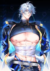 Rule 34 | 1boy, abs, absurdres, antenna hair, astercatto, bandaged waist, black jacket, black shirt, blue eyes, clothes lift, commentary, earclip, highres, honkai: star rail, honkai (series), jacket, large pectorals, low wings, male focus, muscular, muscular male, open clothes, open jacket, parted bangs, pectorals, phainon (honkai: star rail), ponytail, shirt, shirt lift, short hair, sleeveless, sleeveless shirt, solo, white hair, wings