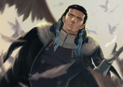 1boy bird black_hair black_jacket blue_eyes blue_hair collar fate/grand_order fate_(series) feathers from_below gloves gradient_hair hand_up iduhara_jugo jacket jacket_on_shoulders light long_hair long_sleeves looking_to_the_side male_focus multicolored_hair nikola_tesla_(fate) shadow simple_background solo swan two-tone_hair upper_body