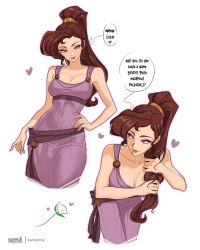 1girl bare_shoulders breasts brown_eyes brown_hair cleavage commentary covered_navel datli64 disney dress english_commentary eyeshadow flower hand_on_own_hip heart hercules_(1997_movie) highres lips long_hair looking_at_viewer makeup medium_breasts megara_(disney) parted_lips pink_lips ponytail purple_dress purple_eyeshadow simple_background sleeveless sleeveless_dress speech_bubble very_long_hair white_background white_flower