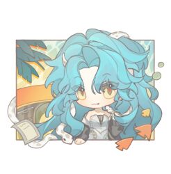 1girl bare_shoulders black_coat blue_hair chibi coat dress fang fang_out green_eyes hand_up hissabeth long_hair outside_border plant red_pupils reverse:1999 smile snake snake_on_head solo strapless strapless_dress tansuangai_fenmo upper_body white_dress