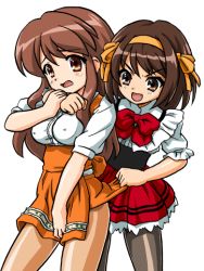 00s 2girls anna_miller asahina_mikuru bad_anatomy bad_proportions bandabekken black_legwear bronze_parrot brown_hair high-waist_skirt multiple_girls orange_skirt pantyhose poorly_drawn see-through_clothes see-through_legwear short_hair skirt suzumiya_haruhi suzumiya_haruhi_no_yuuutsu waitress