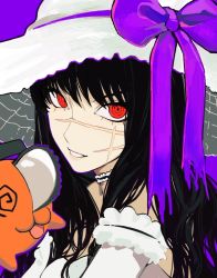 1girl 1other :3 aegyo_sal bare_shoulders black_hair chainsaw chainsaw_man choker collar cross_scar dizzy facial_scar frilled_choker frilled_sleeves frills hat long_hair looking_at_viewer pochita_(chainsaw_man) purple_background purple_ribbon purple_theme red_eyes ribbon ringed_eyes sailen0 scar scar_on_cheek scar_on_face simple_background smile solo_focus squiggle strapless sun_hat yoru_(chainsaw_man)