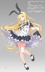 1girl animal_ears anklet black_dress black_hairband black_shoes blonde_hair bow bowtie breasts commentary_request dated dress fake_animal_ears frilled_dress frills full_body hairband highres jewelry kabutoyama long_hair original rabbit_ears shoes skirt_hold small_breasts solo translation_request very_long_hair white_bow white_bowtie