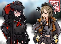2girls anger_vein anis_(nikke) anis_(nikke)_(cosplay) annoyed beret black_hair blue_eyes blush breasts brown_eyes brown_hair cosplay costume_switch eunhwa_(nikke) eunhwa_(nikke)_(cosplay) fingerless_gloves gloves goddess_of_victory:_nikke hat hood jacket leotard long_hair multiple_girls open_mouth parted_lips personality_switch shaded_face short_hair short_shorts shorts smile very_long_hair