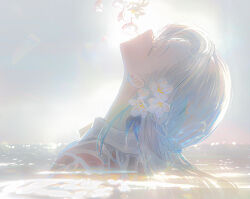 1girl blue_hair braid closed_eyes closed_mouth cute_mdr facing_up flower hair_flower hair_ornament half_up_braid highres isekaijoucho kamitsubaki_studio long_hair multicolored_hair partially_submerged solo streaked_hair two-tone_hair upper_body virtual_youtuber wet wet_clothes white_flower white_hair