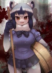 1girl absurdres animal_ear_fluff animal_ears black_bow black_bowtie black_skirt blood blood_splatter blouse bow bowtie breasts broom brown_eyes chromatic_aberration common_raccoon_(kemono_friends) cowboy_shot grey_hair highres holding holding_broom kemono_friends large_breasts miniskirt notora pantyhose purple_shirt raccoon_ears shirt skirt smile solo