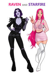 2girls alternate_costume arm_behind_back artist_name bag black_bra black_choker black_footwear black_jacket black_leotard black_nails black_pants blush boots bra breasts character_name choker cleavage closed_mouth collarbone colored_skin contrapposto cropped_jacket cropped_shirt cross-laced_footwear dc_comics english_text eyelashes fishnet_sleeves fishnets forehead_jewel full_body green_eyes grin hand_on_own_hip hand_up highres jacket leather leather_jacket legs_apart leotard leotard_under_clothes long_hair long_sleeves looking_at_viewer medium_hair midriff miniskirt multiple_girls nail_polish olena_minko open_clothes open_jacket pants pink_hair pink_nails pink_shirt pink_skirt polka_dot polka_dot_shirt purple_hair purple_skin raven_(dc) see-through_clothes see-through_shirt shirt shoulder_bag simple_background skirt three-quarter_sleeves sleeves_past_wrists smile standing standing_on_one_leg starfire teeth thigh_boots thighhighs torn_clothes torn_pants underwear v very_long_hair white_background white_bag white_footwear zettai_ryouiki