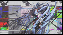 Rule 34 | 1girl, black choker, blue eyes, blue hair, blush, choker, closed mouth, elbow cutout, from above, from side, glitch, hair between eyes, hatsune miku, highres, hood, hoodie, kieed, long hair, looking at viewer, red thighhighs, shorts, solo, thighhighs, very long hair, vocaloid, white hoodie, white shorts