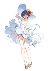 Rule 34 | 1girl, absurdres, alternate costume, belle (zenless zone zero), blue hair, dress, full body, hair ornament, hat, highres, letter hair ornament, multicolored eyes, simple background, solo, thigh strap, two-tone eyes, white background, white dress, white hat, yuna (deadawon), zenless zone zero