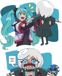 2girls blue_hair crying crying_with_eyes_open grey_hair hatsune_miku highres lifting_person metal_sonic multiple_girls official_alternate_costume open_mouth robot runny_nose sage_(sonic) smile snot sonic_(series) sonic_racing:_crossworlds tears teeth theupbringer twintails upper_teeth_only vocaloid