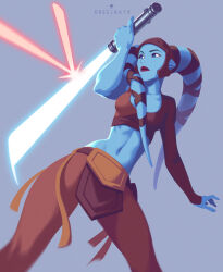 1girl aayla_secura absurdres alien artist_name blue_eyes blue_lightsaber blue_skin breasts brown_pants brown_shirt colored_skin crop_top energy_sword grey_background highres holding holding_sword holding_weapon jedi laser lekku_(anatomy) lightsaber looking_to_the_side midriff navel pants shirt simple_background single_sleeve small_breasts solo star_wars sword twi&#039;lek valerio_buonfantino weapon