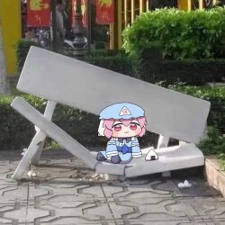 1girl :3 bench blue_kimono blush_stickers bow bowtie broken broken_stone_bench_(meme) closed_mouth dress hair_bow hat highres japanese_clothes kimono long_sleeves meme mob_cap park_bench photo_background pink_hair saigyouji_yuyuko short_hair sitting smile solo touhou triangular_headpiece y75zei