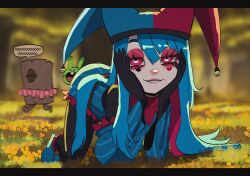 1girl 2others animal_ears aqua_hair basedbinkie bell bent_over black_gloves black_pantyhose club_(shape) colored_skin english_text facepaint fang flower gloves grass hands_on_own_face hat head_rest heart highres jester jester_cap looking_at_viewer multicolored_hair multiple_others on_grass original pantyhose pink_eyes pink_hair pink_skin pippi_panini_(basedbinkie) pointed_footwear rabbit_ears running speech_bubble teeth tree_stump tutu two-tone_hair wide_mouth woody_the_mockstump_(basedbinkie) yellow_flower