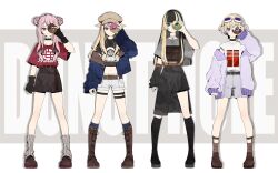 4girls absurdres belt beret black_hair blonde_hair blue_eyes blue_jacket blue_nails blunt_bangs boots choker detached_sleeves donut donut_hole_(vocaloid) double_bun food gloves goggles goggles_on_head hair_bun hat highres himehina_channel holding holding_donut holding_food hololive jacket juufuutei_raden knee_boots leg_warmers looking_through_donut multicolored_hair multiple_girls navel pink_hair purple_eyes purple_jacket red_shirt shirt short_hair short_shorts shorts song_name streaked_hair suzuki_hina tanaka_hime thigh_strap todoroki_hajime two-tone_hair two_side_up virtual_youtuber yanagida_shiina