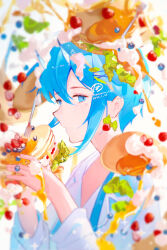 1boy blue_eyes blueberry blurry commentary_request cream dated food fork fruit hair_ornament hairclip hamaru_log holding holding_food honey male_focus oni original pancake sidelocks signature solo strawberry white_background x_hair_ornament
