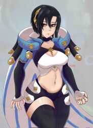 1girl asymmetrical_clothes asymmetrical_pants black_bridal_gauntlets black_hair black_leggings black_pants bridal_gauntlets clothing_cutout crop_top fire_emblem fire_emblem_engage highres laeggang leg_cutout leggings midriff nel_(fire_emblem) nintendo pants red_eyes sage_outfit_(fire_emblem_engage) single_pantsleg stomach_cutout