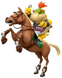 1boy 3d animal_feet animal_hands arm_up bandana bandana_around_neck black_eyes blank_eyes bowser_jr. bracelet claws closed_mouth colored_skin fang fang_out forked_eyebrows full_body furry furry_male hair_tie hand_up highres holding holding_reins horns jewelry lizard_tail looking_afar male_focus mario_&amp;_sonic_(series) mario_&amp;_sonic_at_the_rio_2016_olympic_games mario_(series) multicolored_skin nintendo official_art open_mouth print_bandana rearing red_hair reins reptile_boy riding saddle short_hair simple_background solo spiked_shell standing tail teeth thick_eyebrows third-party_source topknot transparent_background white_bandana white_skin yellow_eyes yellow_horns yellow_skin
