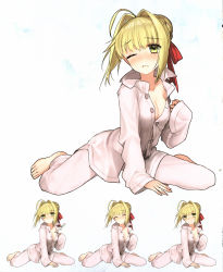 1girl ahoge barefoot blonde_hair blush breasts cleavage closed_eyes digital_thermometer fate/extra fate/extra_ccc fate_(series) fever green_eyes hair_intakes hair_ribbon highres leaning_forward looking_at_viewer medium_breasts multiple_expressions multiple_views nero_claudius_(fate) nero_claudius_(fate/extra) one_eye_closed open_mouth pajamas ribbon shouting sick simple_background sitting smile sweat thermometer wada_arco wariza