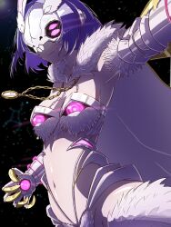 analog_clock animal_ears apiro_lagos_(mon-musu_quest!) armlet armor armored_gloves armpits bra breasts cape clawed_gauntlets claws clock clock_necklace commentary constellation ear_ornament english_commentary extra_eyes fur-trimmed_bra fur-trimmed_collar fur-trimmed_legwear fur-trimmed_panties fur_trim gauntlets glowing glowing_eyes highres hip_armor jewelry large_breasts light_trail mask mon-musu_quest! mon-musu_quest:_paradox monster_girl navel necklace panties purple_eyes purple_hair rabbit_ears rabbit_girl rabbit_mask sent99 short_hair skull_mask smile star_(sky) starry_sky_background stomach underwear virgo_(constellation) white_bra white_cape