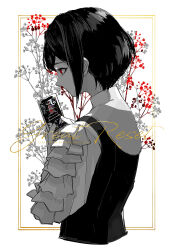 1girl card closed_mouth collared_shirt commentary_request copyright_name cropped_torso english_text floral_background frilled_shirt frilled_sleeves frills from_side fukurai_azami highres holding holding_card long_sleeves motoiwork profile puffy_sleeves red_eyes shirt short_hair solo spot_color toshi_densetsu_kaitai_center upper_body