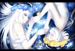 2girls absurdres alternate_costume blue_eyes blue_flower blue_rose closed_eyes closed_mouth codename:_bakery_girl colored_eyelashes commentary dress english_commentary english_text flower head_wreath highres jefuty_(bakery_girl) lige_(bakery_girl) looking_at_another lying multiple_girls on_side parted_lips reverse_collapse_(series) rose sleeping thick_eyelashes warfakaid white_dress white_eyelashes wrist_flower yellow_flower yellow_rose
