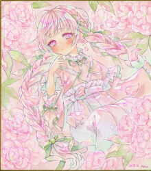 1girl amu_(m_aa) blush bow braid closed_mouth colored_eyelashes commentary_request dated eyelashes flower frills green_eyes green_hair green_ribbon hair_ribbon hakama hand_up highres japanese_clothes kimono long_hair long_sleeves multicolored_hair neck_ribbon original painting_(medium) pink_bow pink_flower pink_hair pink_kimono pink_petals ribbon signature solo tareme traditional_media twin_braids two-tone_hair watercolor_(medium) white_hakama