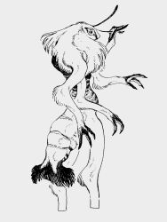 1other abdomen_tail androgynous bug claws completely_nude constricted_pupils cowboy_shot extra_arms fewer_digits from_behind greyscale hatching_(texture) highres insect lineart looking_back monochrome moth moth_antennae neck_fur nude original other_focus simple_background sketch solo tanuki_lll white_background