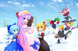 &gt;:) &gt;_&lt; 6+girls :&gt; :d :o antennae apron ascot back_bow bird_wings black_dress black_shoes black_shorts blonde_hair blue_bow blue_dress blue_eyes blue_hair blue_sky blue_stripes blush book bow breasts broom brown_dress buttons cape capelet chasing cirno cloud cloudy_sky collared_shirt commentary_request crescent crescent_hat_ornament crystal_wings daiyousei detached_wings dot_nose dress dress_bow dress_tug fairy_wings flying footprints frilled_capelet frills full_body green_eyes green_hair grin hair_bow hair_ribbon hat hat_bow hat_ornament highres holding holding_book holding_broom holding_snowball ice ice_wings kirisame_marisa large_bow long_hair long_sleeves looking_at_another looking_back medium_breasts mittens mob_cap multiple_girls mystia_lorelei open_mouth outdoors patchouli_knowledge pinafore_dress pink_bow pink_capelet pink_eyes pink_hair pink_hat pink_mittens pink_scarf puffy_short_sleeves puffy_sleeves purple_eyes purple_hair red_ascot red_bow red_cape red_eyes red_shoes ribbon rumia running scarf shirt shirt_under_dress shoes short_hair short_sleeves shorts side_ponytail sidelocks sky sleeveless sleeveless_dress smile snow snowball socks standing standing_on_one_leg striped_capelet team_9_(touhou) throwing touhou tree tress_ribbon v-shaped_eyebrows very_long_hair waist_apron white_bow white_shirt white_socks wing_collar winged_hat wings witch_hat wriggle_nightbug yellow_bow yellow_eyes yoruniwa