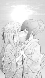 2girls blush closed_eyes commentary commentary_request earrings english_commentary from_side greyscale hair_ribbon half_updo highres holding_hands interlocked_fingers japanese_clothes jewelry kimono kiss long_hair long_sleeves lwmina70119 mixed-language_commentary miyagi_shiori monochrome multiple_girls obi outdoors ponytail profile ribbon sash sendai_hazuki shuuniichido_classmate_wo_kau_hanashi sweatdrop yuri