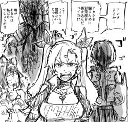 1boy 3girls anby_demara animal_ears billy_kid braid breasts cat_ears cleavage earrings fang frm731 headphones height_difference highres humanoid_robot jacket jewelry long_hair looking_at_another looking_at_viewer mole mole_on_breast monochrome multiple_girls nekomiya_mana nervous_sweating nicole_demara open_mouth pendant robot shaded_face shouting side_braid single_braid sweat translation_request upper_body v-shaped_eyebrows zenless_zone_zero