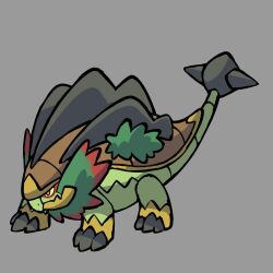 absurdres adoptable animal_focus closed_mouth colored_sclera commentary creatures_(company) english_commentary fakemon full_body game_freak gen_4_pokemon grey_background grotle highres nintendo no_humans original pokemon pokemon_(creature) pokemon_focus red_eyes rgreywind simple_background solo yellow_sclera