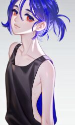 1boy blue_hair chinese_commentary commentary_request grey_background gundam gundam_gquuuuuux highres looking_at_viewer male_focus noelsion ponytail red_eyes short_hair shuji_ito simple_background sleeveless smile solo tank_top upper_body