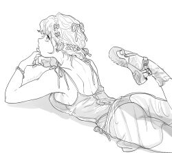 1girl ankle_socks arched_back ass bracelet braid camisole crown_braid earrings from_behind greyscale hair_ribbon jewelry leg_up looking_at_viewer looking_back lying monochrome moo9mom on_stomach original panties ribbon see-through_clothes see-through_legwear see-through_shirt see-through_skirt shirt shoes shoulder_blades side-tie_panties skirt three-quarter_sleeves socks solo spaghetti_strap underwear wavy_hair