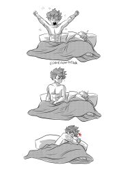 2boys abs armpits bakudeku bakugou_katsuki boku_no_hero_academia bones_(company) completely_nude curly_hair freckles green_hair hug messy_hair midoriya_izuku multiple_boys nude pectorals scar scar_on_arm shounen_jump spiked_hair waking_up yaoi