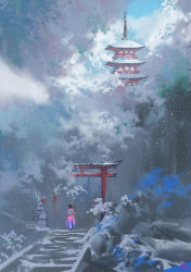 Rule 34 | 1girl, black hair, facing away, female focus, fox statue, from behind, highres, inari, japanese clothes, kimono, ling xiang, original, outdoors, pagoda, scenery, shrine, snow, snowing, solo, stairs, statue, torii