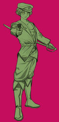 Rule 34 | 1boy, absurdres, aiming, aiming at viewer, commentary request, fear &amp; hunger (series), fear &amp; hunger 2: termina, finger on trigger, fold-over boots, full body, geulim03, green theme, gun, hat, highres, holding, holding gun, holding sword, holding weapon, jacket, korean commentary, long sleeves, looking at viewer, male focus, military hat, military uniform, pants, parted lips, pav (fear &amp; hunger), pectorals, pink background, reverse grip, simple background, solo, standing, sword, weapon, yellow eyes