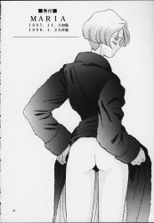 1990s_(style) 1997 1998 1girl ass bare_legs blush bob_cut bottomless character_name coat cowboy_shot dated embarrassed female_focus flashing flat_ass from_behind gloves greyscale hair_over_one_eye looking_at_viewer looking_back maria_tachibana momoya_show-neko monochrome naked_coat page_number public_indecency retro_artstyle sakura_taisen scan short_hair simple_background solo standing sweatdrop white_background