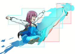 1girl aura black_jacket bocchi_the_rock! clenched_hands dress fighting_game genocide_cutter geta green_dress hiroi_kikuri hitbox jacket open_clothes open_jacket persona persona_4:_the_ultimate_in_mayonaka_arena persona_4:_the_ultimax_ultra_suplex_hold purple_hair satonaka_chie sleeveless sleeveless_dress solo thighs torako_(toramaru) white_background